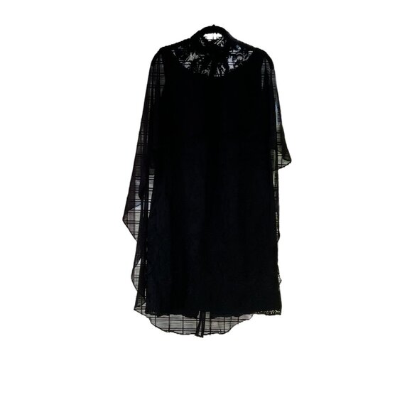NWT Vintage-Style Black Lace Overlay Dress Sheer Cape High Neck Floral Embroider - Picture 2 of 16
